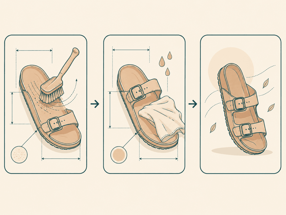 Three-step diagram of brushing, wiping and air-drying a sandal footbed