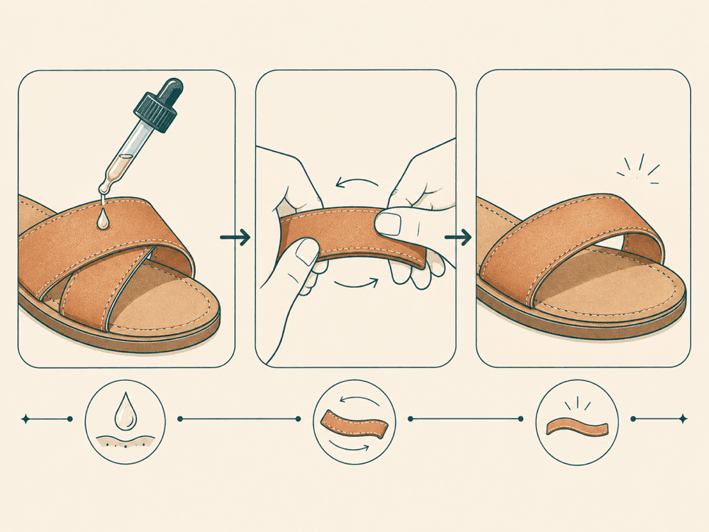 Three-step diagram of applying softener, flexing the strap by hand and letting it rest