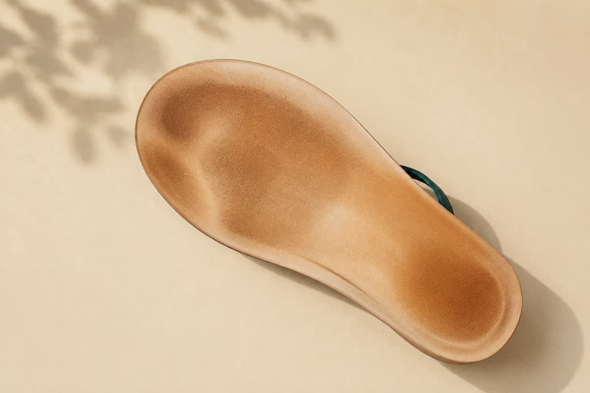 Leather sandal footbed darkened to a honey-brown patina where the ball of the foot and heel sit