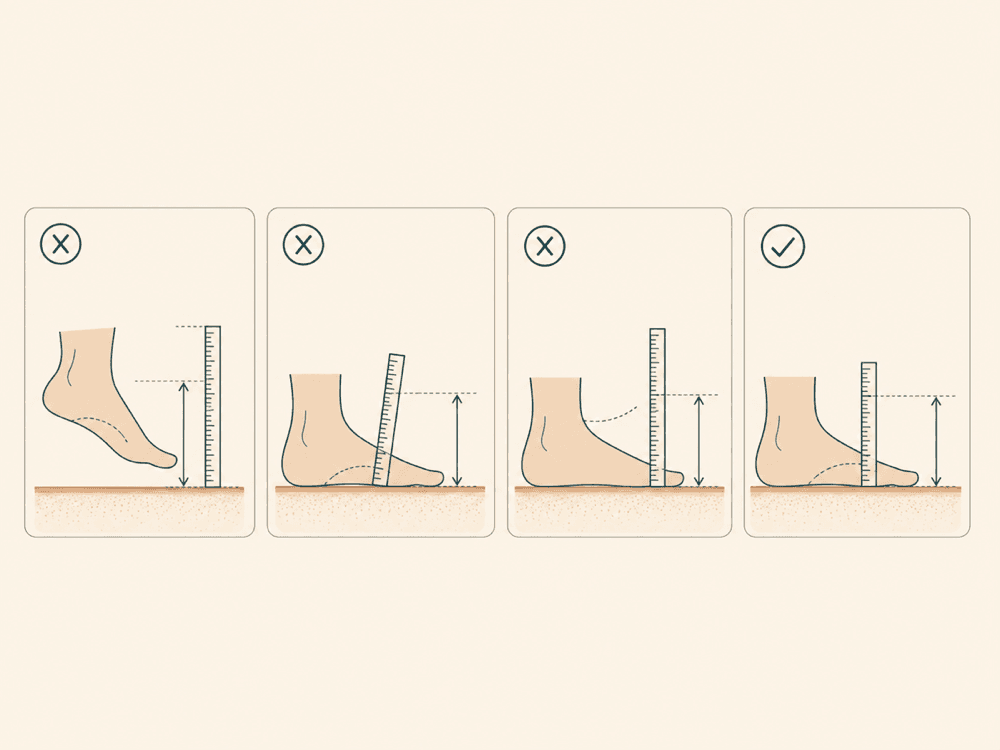 Four small diagrams showing incorrect ways to measure an instep beside one correct method