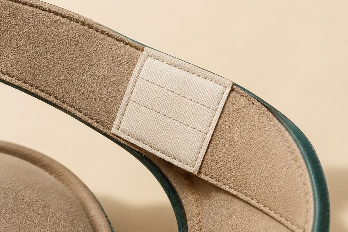 Close-up of the sewn-in label carrying the three material rows required for footwear sold in the EU