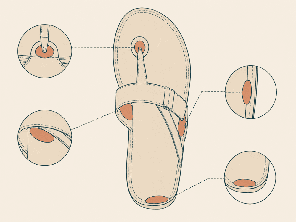 Diagram of a flat sandal from above with four oval anti-friction pads positioned at the toe-post base, inner heel edge, under the instep strap and at the outer side opening