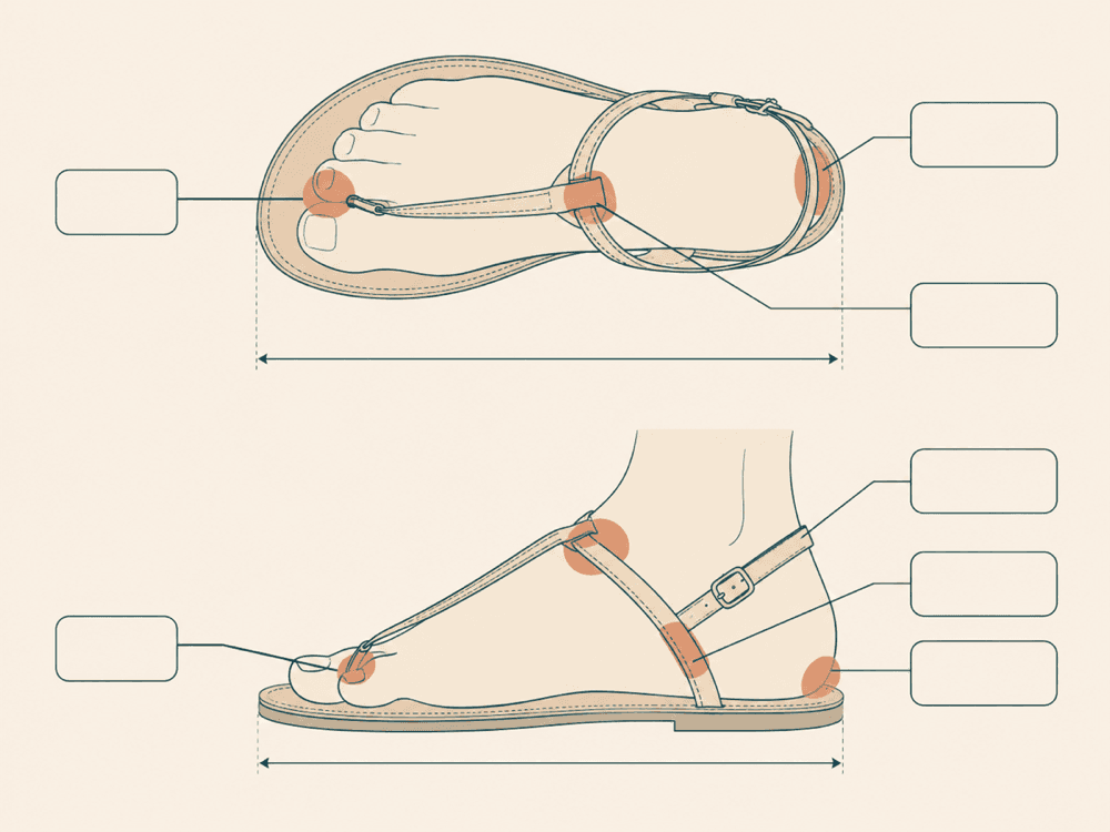 Diagram of a strappy sandal with four rub-risk zones marked and labelled: toe gap, heel edge, instep strap and side opening