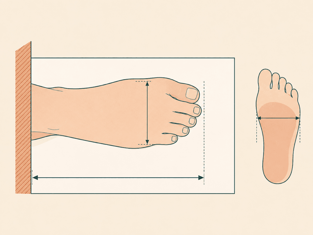 Top-down diagram of a foot on paper against a wall with an arrow measuring from the wall to the longest toe