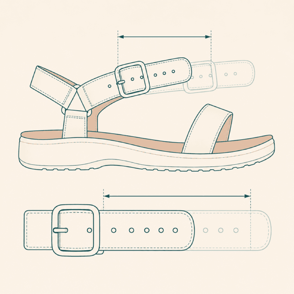 Diagram of an adjustable buckle strap drawn at its loosest and tightest hole positions with the travel between them marked