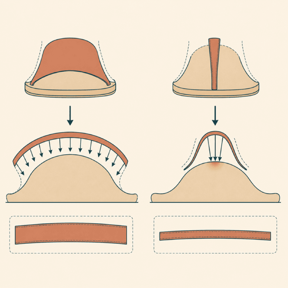 Cross-section comparing a wide strap spreading pressure over a broad area against a narrow strap concentrating it at one point