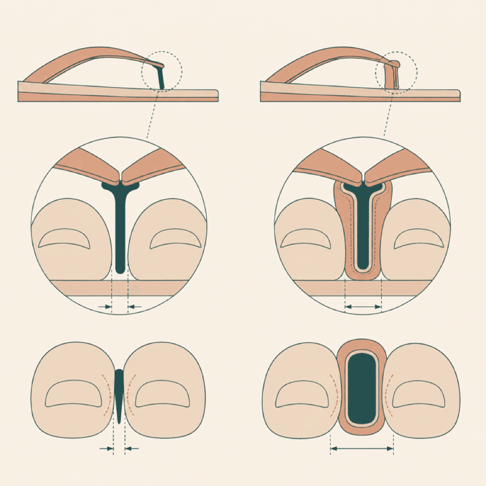 Cross-section of a bare toe-post beside a padded toe-post showing the wider rounded contact surface